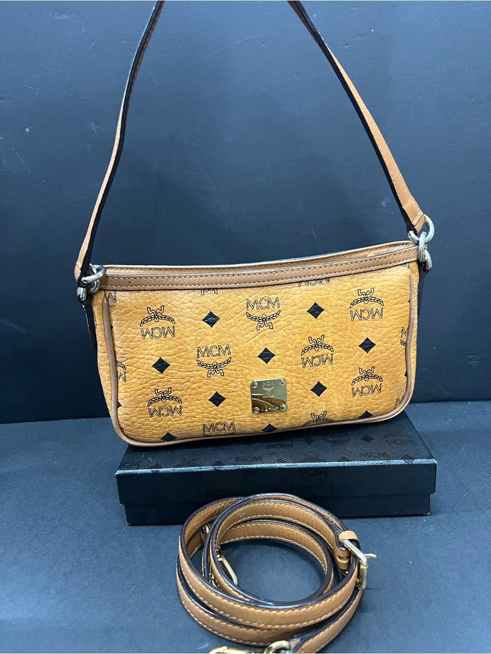 MCM Millie Cognac Visetos Logo Shoulder Pochette